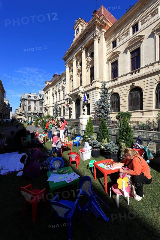 In the centre, event for children in front of the National Bank building on Lipscani Street, Leipziger Strasse, Bucharest, Romania, Europe