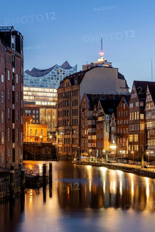 Nikolaifleet with Elbe Philharmonic Hall at the blue hour, Hamburg, Germany, Europe