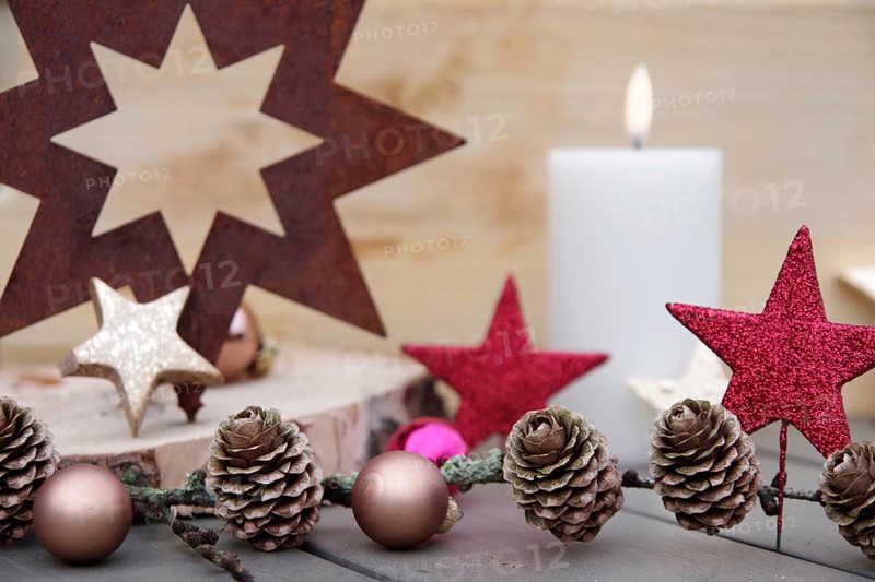 Christmas, decoration, stars, candle, atmospheric, A Christmas motif with Christmas baubles and pine cones