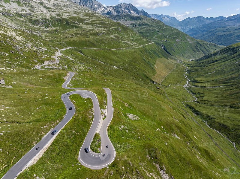 Landscape at the Furka Pass, drone photo. Alpine pass between the canton of Uri and the canton of Valais. Realp, Canton Uri, Switzerland, Europe
