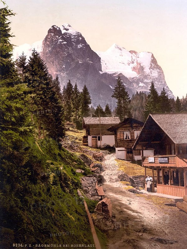 Rosenlaui, mit Sägewerk, Bernese Oberland, Switzerland, Historic, digitally restored reproduction from a 19th century original, Record date not stated, with sawmill, Bernese Oberland, Switzerland, Historic, digitally restored reproduction from a 19th century original, Record date not stated, Europe