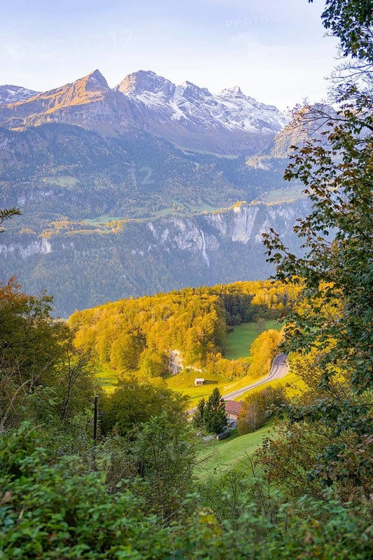 Panoramic view of alpine landscape with autumn forest and road in the valley, Lauterbrunnen, Switzerland, Europe