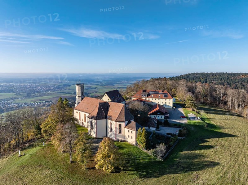 Aerial view of the 983 metre high Dreifaltigkeitsberg in the district of Spaichingen with the pilgrimage church, Dreifaltigkeitskirche and former monastery complex, Swabian Alb, Tuttlingen district, Baden-Württemberg, Germany, Europe