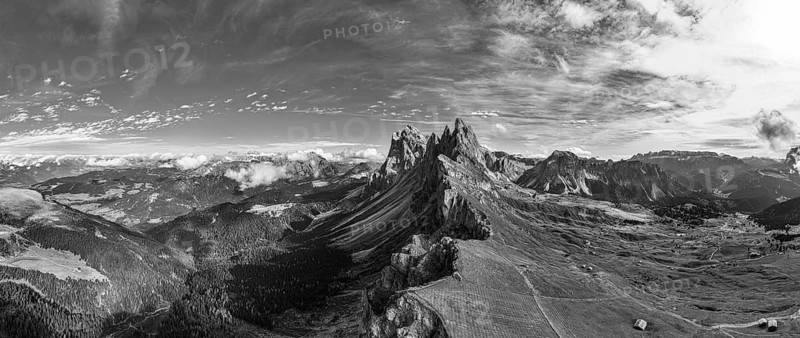 The peaks Sas Rigais and Furchetta of the Geisler Group, wide-angle panoramic photo, drone photo, black and white photo, Val Gardena, Dolomites, Autonomous Province of Bolzano, South Tyrol, Italy, Europe