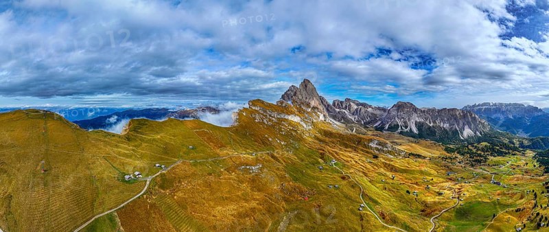 Clouds over the Geisler and Puez Group, wide-angle panoramic photo, Val Gardena, Dolomites, Autonomous Province of Bolzano, South Tyrol, Italy, Europe