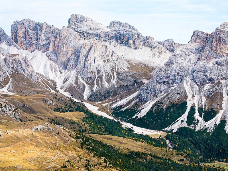 The peaks of the Puez Group, drone shot, Val Gardena, Dolomites, Autonomous Province of Bolzano, South Tyrol, Italy, Europe