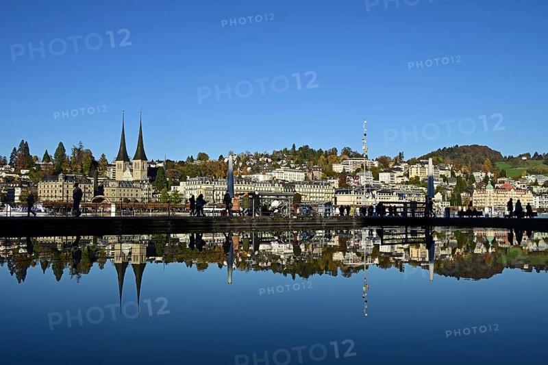 City view with St. Leodegar Court Church reflected in the fountain of the Culture and Convention Centre, Lucerne, Canton of Lucerne, Switzerland, Europe
