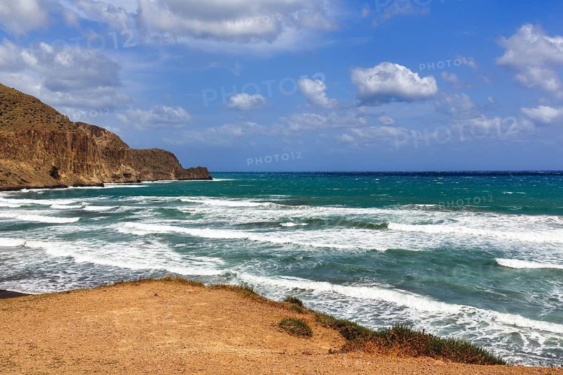 View of rocky coast, coastline at La Isleta del Moro, Almeria, Cabo de Gata, Cabo de Gata-Nijar, Spain, Europe