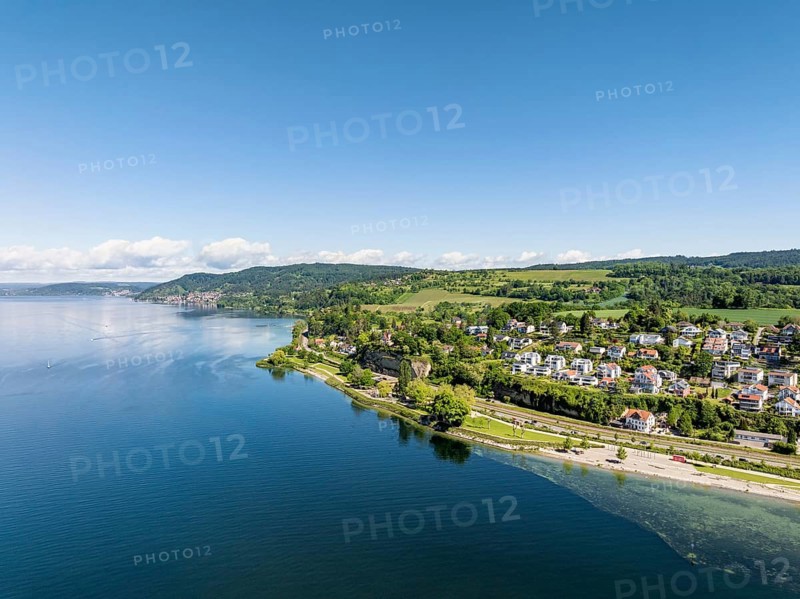 Aerial view of Lake Constance with the Landesgartenschaugelände and Uferpark, Goldbach, Überlingen, Bodenseekreis, Baden-Württemberg, Germany, Europe