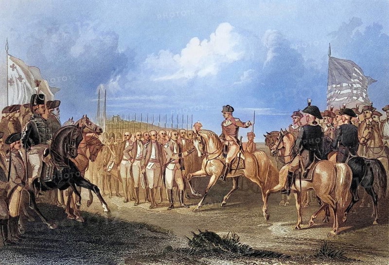Surrender of Lord Cornwallis in York Town Virginia USA, 19 October 1781, Lord Charles Cornwallis 1st Marquis and 2nd Earl Cornwallis 1738-1805 British general and statesman, Historical, digitally restored reproduction from a 19th century original, Record date not stated