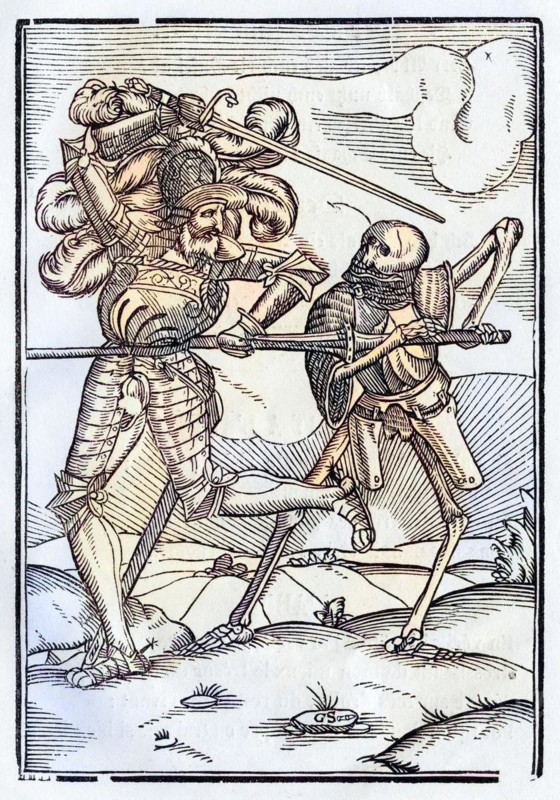 Der Tod kommt zum Ritter oder Grafen Holzschnitt nach Hans Holbein d. J. Aus Der Todten Tanz, erschienen Basel 1843, Death comes to the Knight or Count Woodcut after Hans Holbein the Younger From Der Todten Tanz or The Dance of Death published Basel 1843, Historisch, digital restaurierte Reproduktion von einer Vorlage aus dem 19. century, Record date not stated