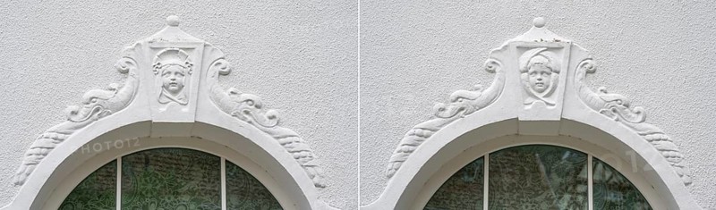 Reliefs of a girl's and boy's head above the fenasters of the oldest kindergarten in Lauf, Lauf an der Pegnitz, Middle Franconia, Bavaria, Germany, Europe