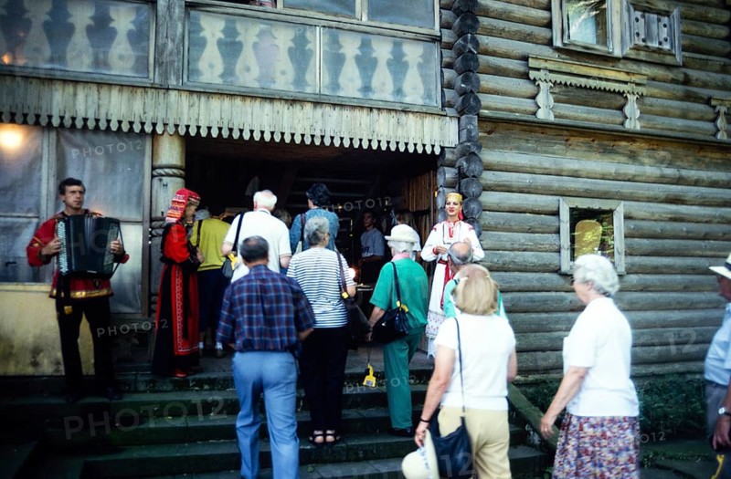 Welcoming a Hellenic tour group in the tea house café of the Dagomys tea plantation, Sochi, Russia 1997