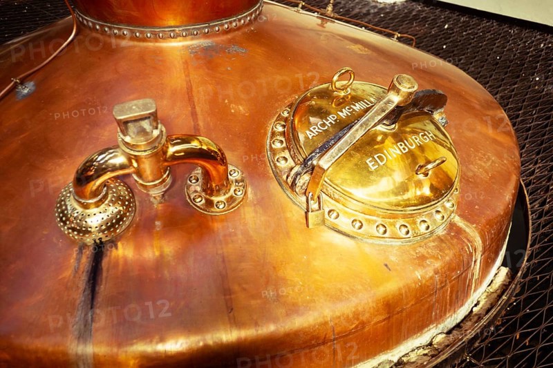 Copper whisky still, manufactured by Archibald McMillan in Edinburgh, Scotland, United Kingdom in 1974