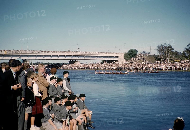Crowds of spectators at the Henley Regatta, Yarra River, Melbourne, Victoria, Australia 1956