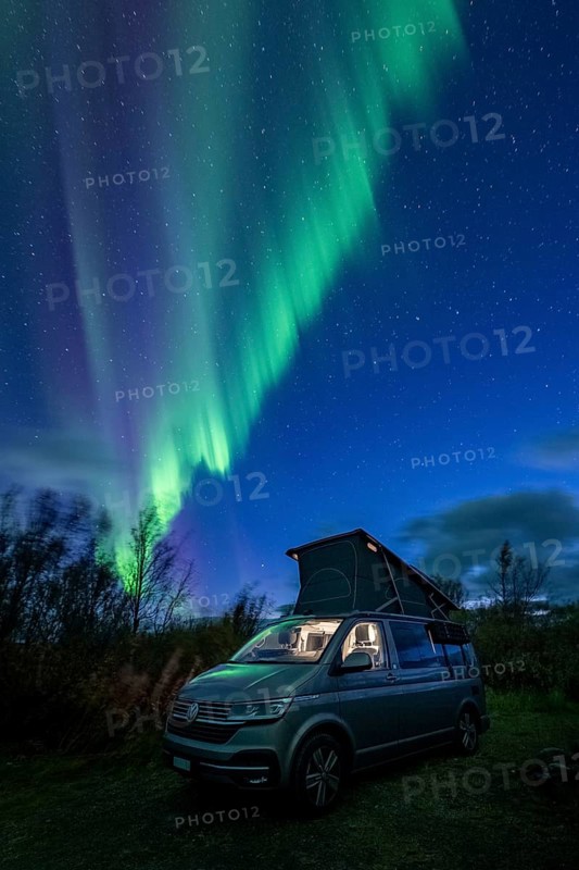 Northern lights over camper, VW California, Lyngen, Troms og Finnmark, Norway, Europe