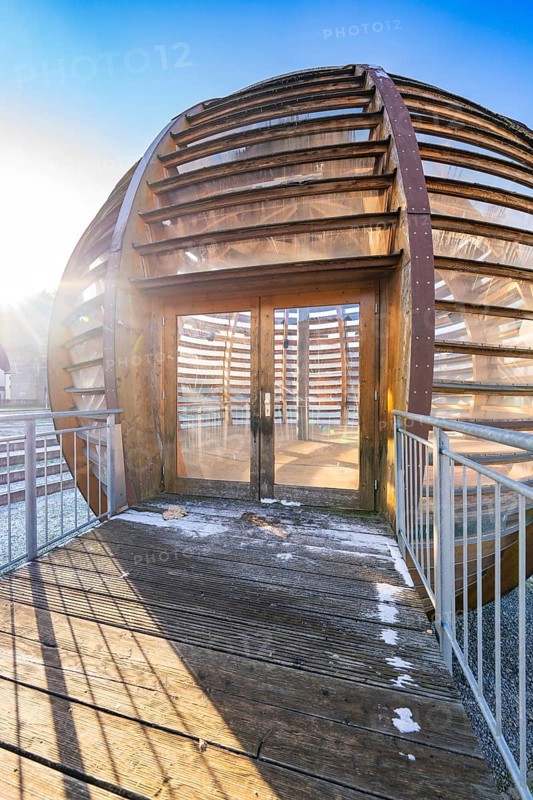 Close-up of an entrance to the wooden ball with decorative incidence of light and shadows, forest ball from Landesgartenschau 2012, Nagold, Black Forest, Germany, Europe