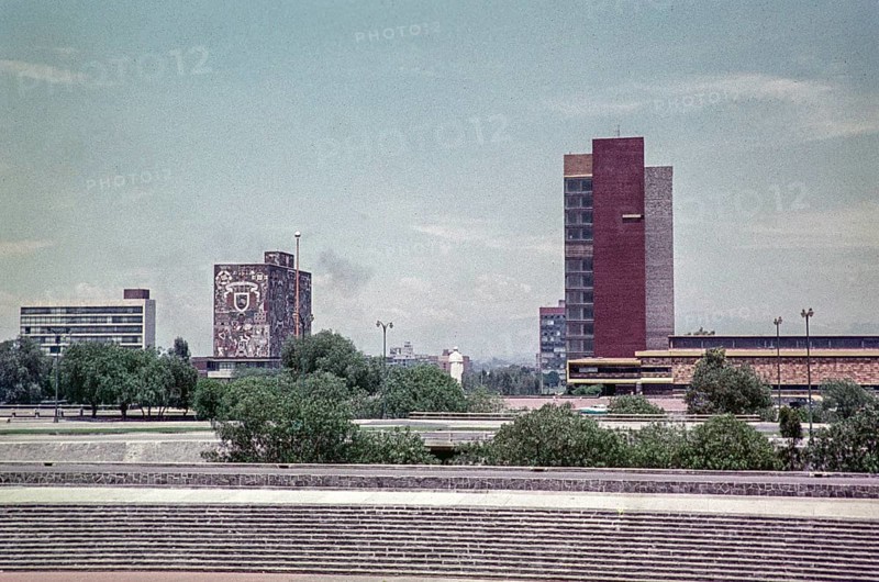 UNAM university campus modern architecture seen from the stadium, National Autonomous University of Mexico, Mexico City, Mexico around 1961