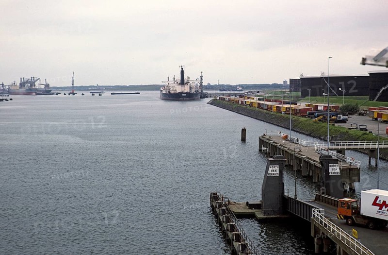 Quay of the North Sea ferry terminal, harbour of Rotterdam, Netherlands, around 1987