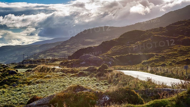 Killarney National Park, hilly landscape in the morning mist, panoramic road Ring of Kerry, Iveragh Peninsula, Ireland, Europe