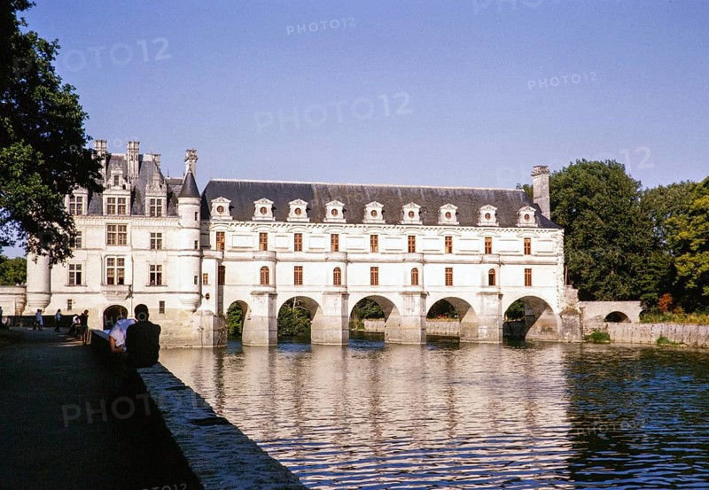 Historic architecture of Chateau Chenonceaux, River Le Cher, Loire Valley, France 1964