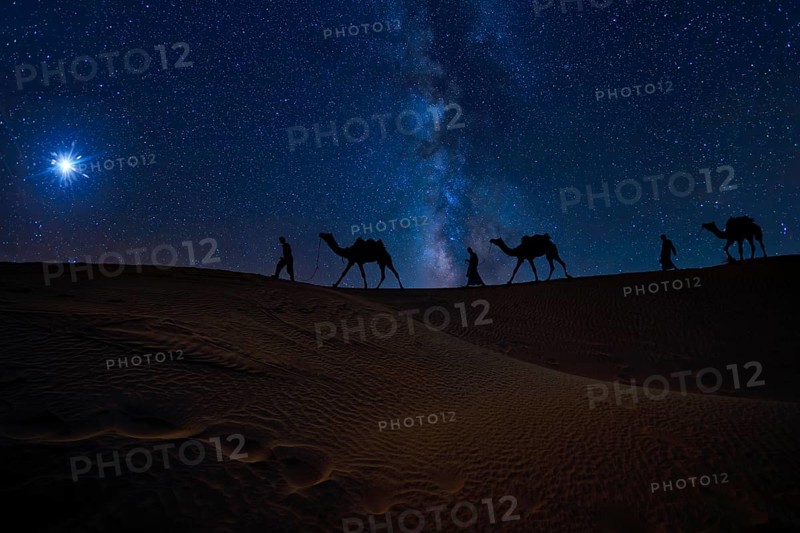 Christmas Jesus birth concept - Adoration of the Magi, Three Wise Men, Three Kings, and the Three biblical Magi with camel silhouettes journeying in sand dunes of desert follow Bethlehem star at night