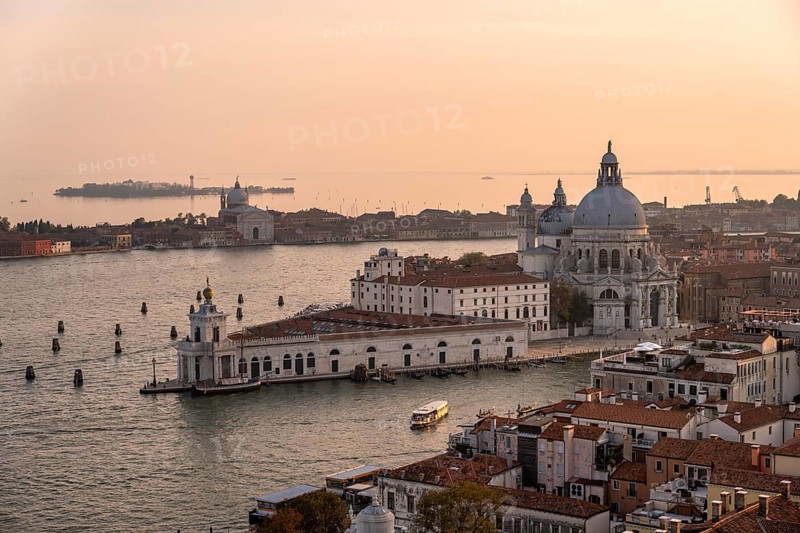 Basilica di Santa Maria della Salute on the Grand Canal at sunset, view from the Campanile di San Marco bell tower, city view of Venice, Veneto, Italy, Europe