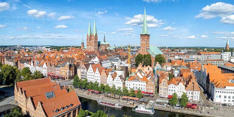 Lübeck old town with river Trave aerial view panorama in the Hanseatic city of Lübeck, Germany, Europe