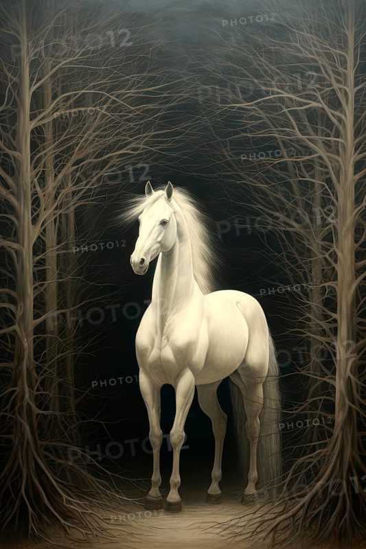 White horse in an imaginary forest, 19th century style, AI generated