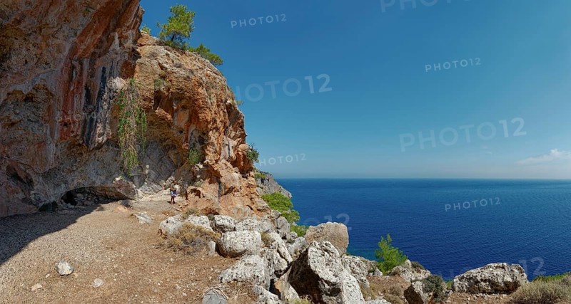 Entrance to Limniatis Cave with a view of the blue sea, hike from Aperi to Limniatis Cave, Limniatis Cave, Aperi, Karpathos, Greece, Europe