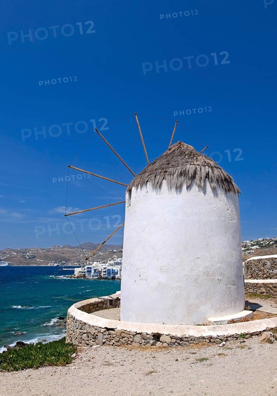 One of the windmills, the landmark of Mykonos Town, Mykonos, Cyclades, Greece, Europe