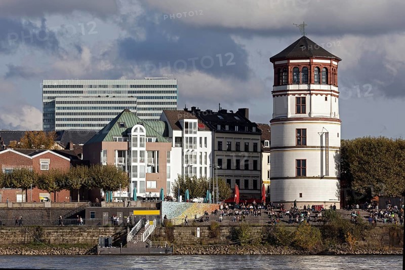 Castle tower and flight of steps on Burgplatz, banks of the Rhine, Düsseldorf Old Town, Düsseldorf, North Rhine-Westphalia, Germany, Europe