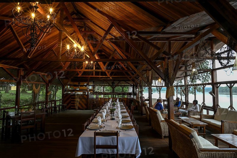Restaurant at Doli Lodge on the Sangha River, blue hour, Bayanga, Sangha-Mbaéré Prefecture, Central African Republic, Africa