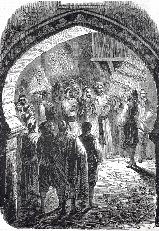 Historical, digitally restored reproduction from a 19th century original, Record date not stated, Wedding, Wedding custom with burning candles and musicians, Procession, in Algeria in 1850