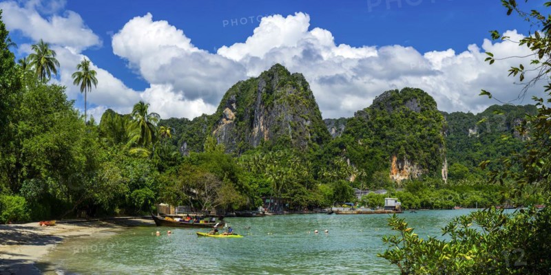 Island landscape near Krabi, weather, sky, nature, beach, beach holiday, beach holiday, Asian, limestone, limestone rocks, longtail boat, wooden boat, fishing boat, water taxi, tourist boat, sea, island, seascape, travel, tourism, seascape, climate, tropical, holiday, beach landscape, chalk cliffs, exotic, bay, bay of the sea, rock, rocky, sandstone cliffs, coast, coastal landscape, landscape, nature, natural landscape, Siam, paradise, holiday paradise, seascape, Railay beach, Phuket, Thailand, Asia