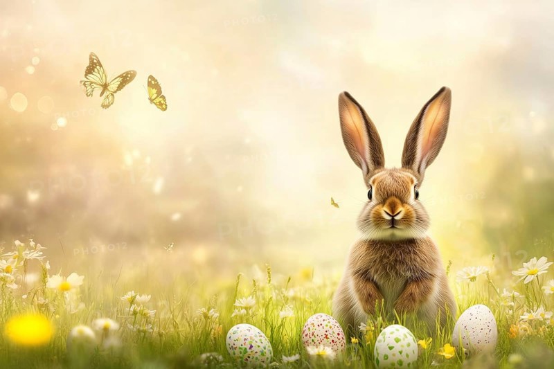 Easter bunny with Easter eggs in spring flowers greeting card with text free space Copyspace in Stuttgart, Germany, AI generated, Europe