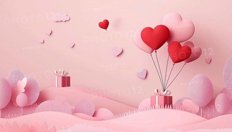 Valentine's Day gift with heart balloon greeting card banner on pink background gifts generated in Stuttgart, Germany, KI, AI generated, Europe