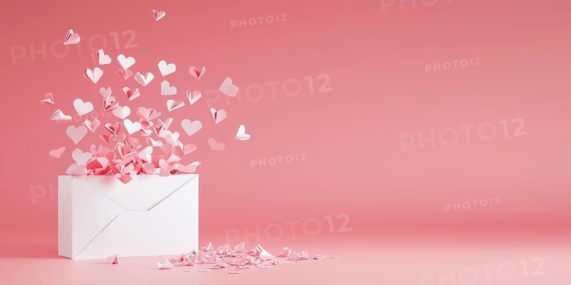 Valentine's Day love letter with envelope and flying hearts on pink background banner generated with copy space Copyspace in Stuttgart, Germany, KI, AI generated, Europe