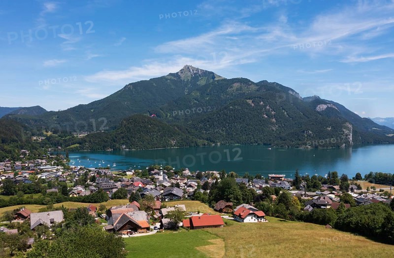 Drone image, Sankt Gilgen am Wolfgangsee with Schafberg, Osterhorn group, Salzkammergut, Salzburg province, Austria, Europe