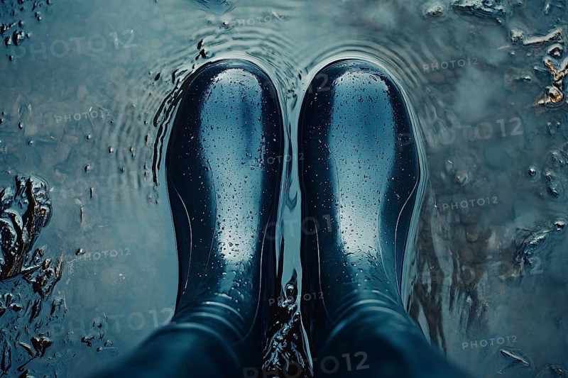 Top view of person's feet in rubber boots standing in flood water. Generative AI, AI generated