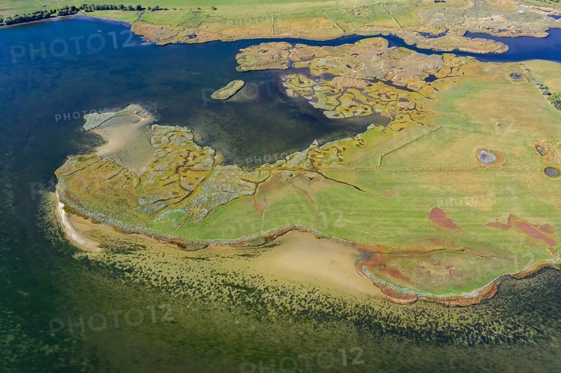 Aerial view over the Salzhaff, formed by the island of Poel and shallow bay of the Baltic Sea near Wismar, Mecklenburg-Western Pomerania, Germany, Europe