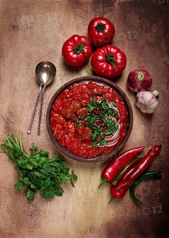 Chashushuli, a traditional Georgian dish, spicy, stewed meat with tomatoes and spices, homemade, no people