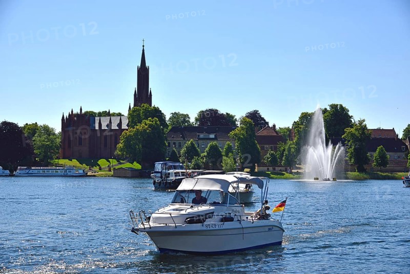 Europe, Germany, Mecklenburg-Western Pomerania, island town Malchow, view to the cultural centre Malchow Monastery, monastery complex from the 13th century with neo-Gothic church from the 19th century, Malchower See, Malchow, Mecklenburg-Western Pomerania, Germany, Europe