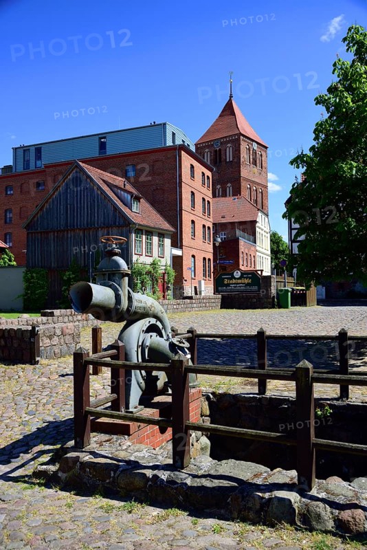 Europe, Germany, Mecklenburg-Western Pomerania, Teterow, View from the old mill to the town church from 1270, Teterow, Mecklenburg-Western Pomerania, Germany, Europe