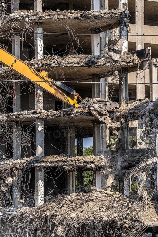 Construction site on Haroldstraße, demolition of a former office building, after complete gutting only the concrete parts remain, large excavator with cutting pliers cuts up concrete parts, steel wire, Düsseldorf, North Rhine-Westphalia, Germany, Europe