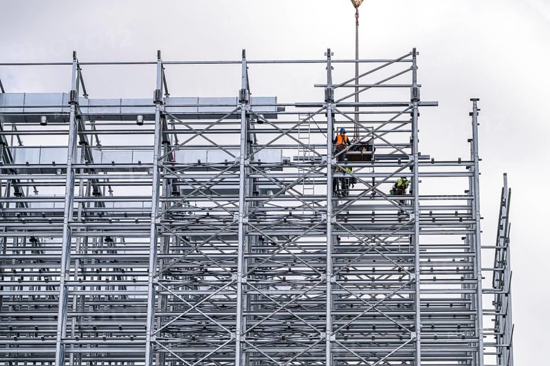 Construction of a high-bay warehouse, storage system for high space utilisation, in steel construction, North Rhine-Westphalia, Germany, Europe