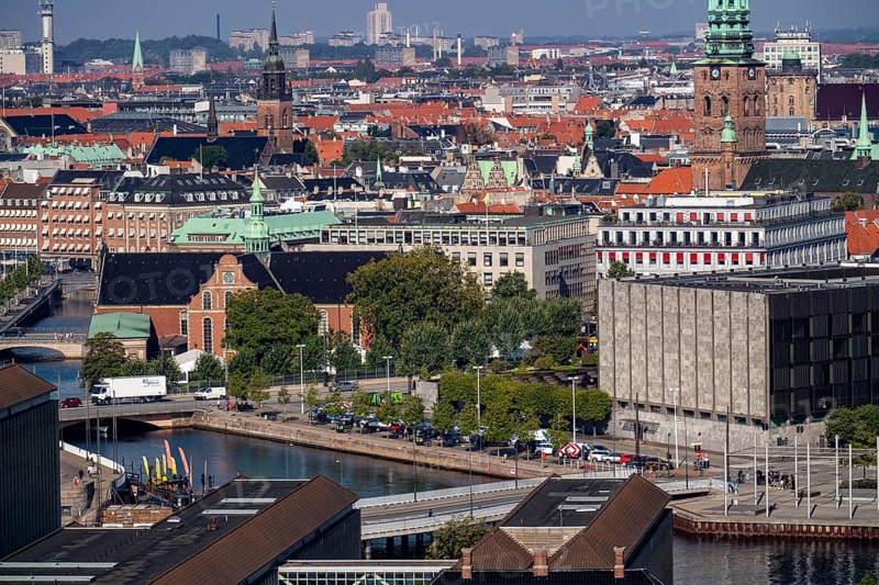 Panoramic view over the city centre of Copenhagen, canal at Børsgade, Denmark, Europe