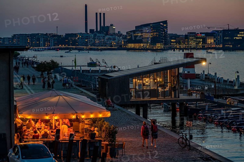Summer evening in Copenhagen, at the harbour, Islands Brygge, people celebrating, eating, drinking, relaxing at the harbour shore, view of the Sydhavnen district, Denmark, Europe