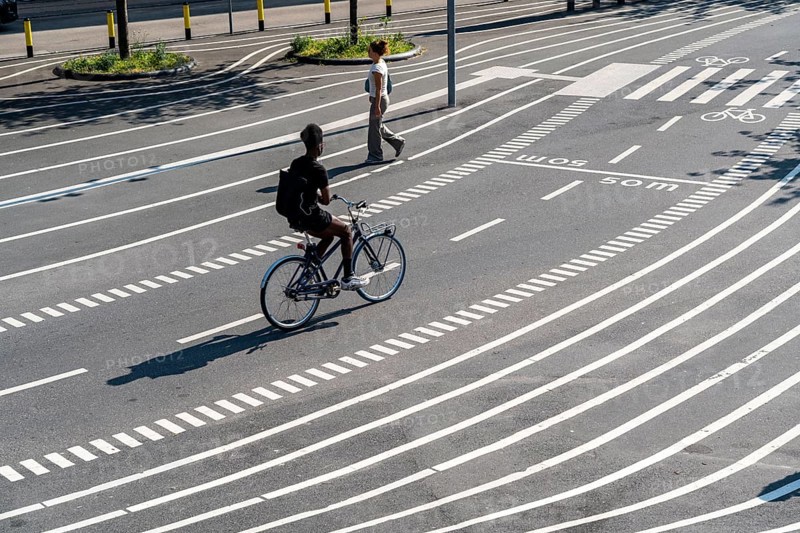 The Nørrebro district in Copenhagen, lively, multicultural and student neighbourhood, Superkilen Park, Den Sorte Plads, square designed with white lines, playgrounds, cultural facilities, sports equipment, cycle path, Denmark, Europe