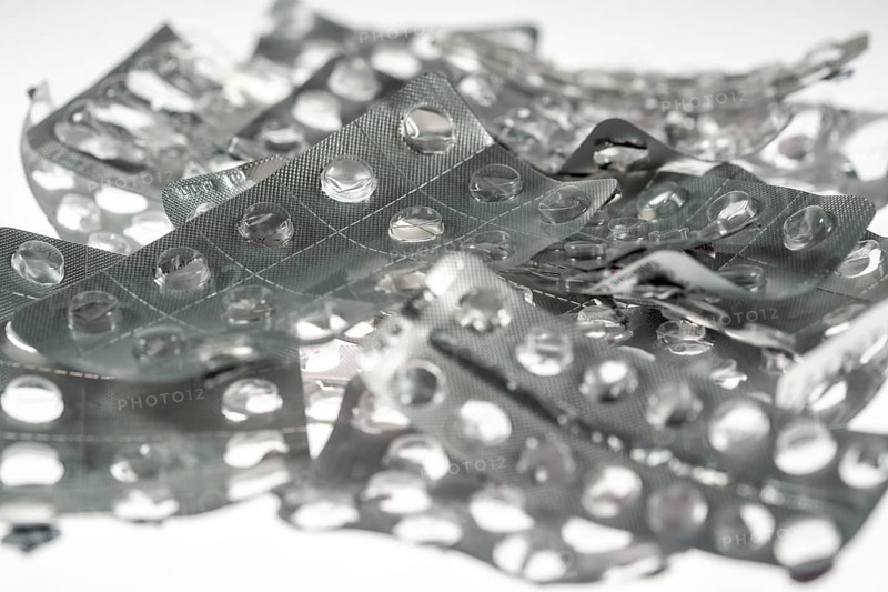 Empty, used medication packaging, pills, tablets